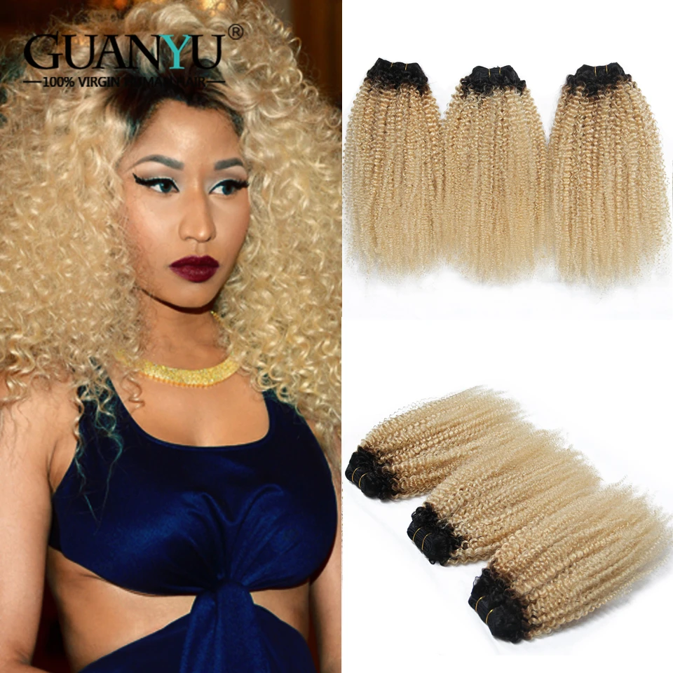 Guanyuhair Ombre Blonde Brazilian Remy Hair Kinky Curly 3 Bundles With a Free Lace Closure 4X4 #1B/613 Human  Шиньоны и