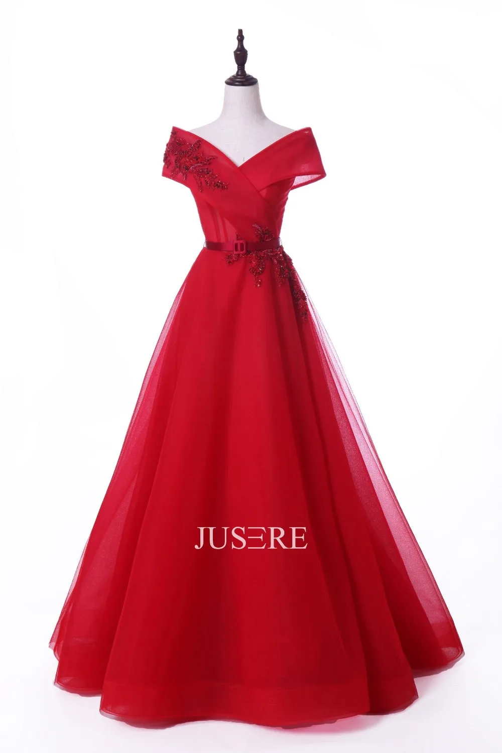 Весна-лето 2019 Jusere Haute Couture бисеры аппликации A-силуэта вечерние платья с рукавами-крылышками из Красного Тюля