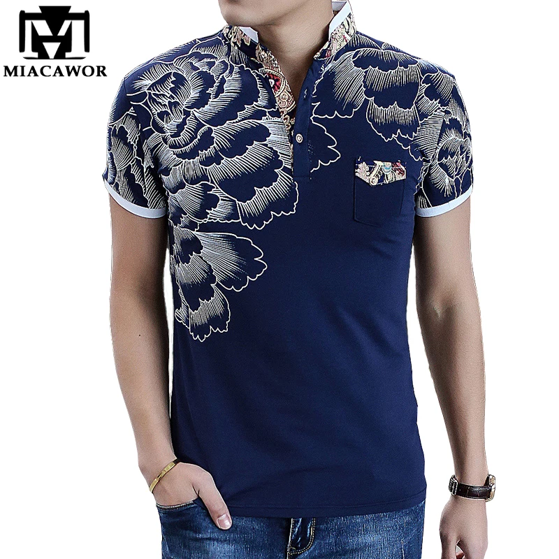 MIACAWOR мужские рубашки поло модные с цветочным принтом Homme облегающие коротким