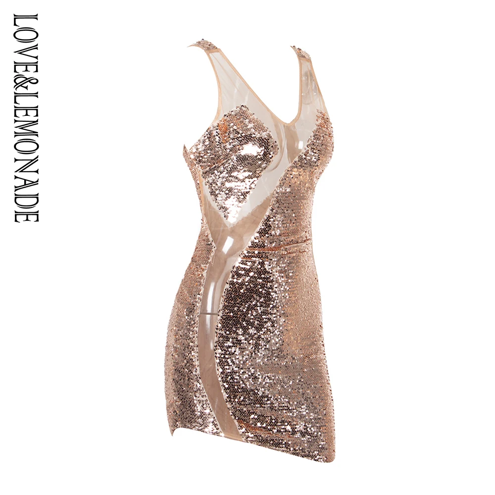 Женское Сетчатое платье LOVE & LEMONADE розовое с блестками и прострочкой сзади модель