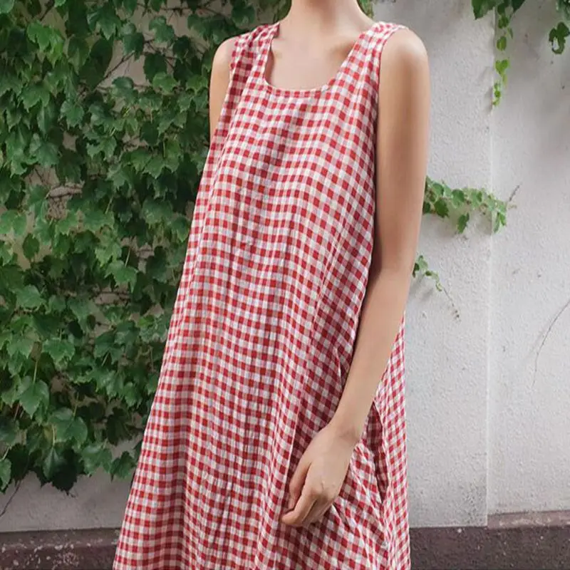 Женское летнее классическое клетчатое платье без рукавов большие