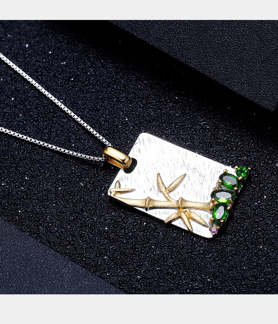 GEM'S BALLET Natural Chrome Diopside Gemstones Pendant 925 Sterling Silver Handmade Creative Bamboo Necklace for Women Wedding