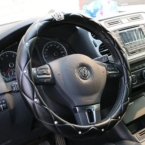 Black Высококлассная кристальная Корона покрывало женское Автомобильное рулевое колесо оплетка роскошный алмаз pu кожаный чехол на руль диаметр 38 см - Название цвета: Black