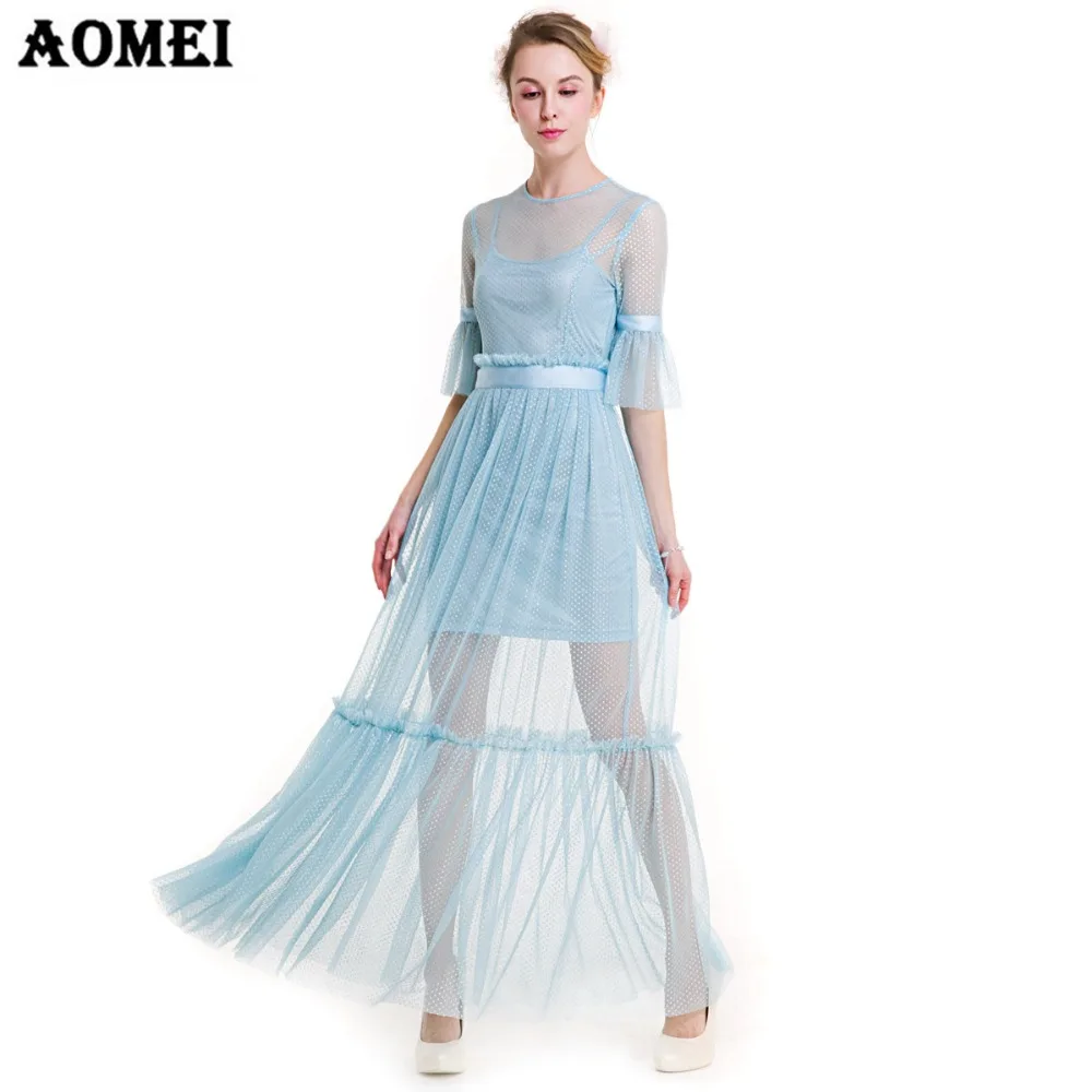 Женские Модные Boho Макси синие халаты для девочек Лолита Vestidos Одежда с сеткой