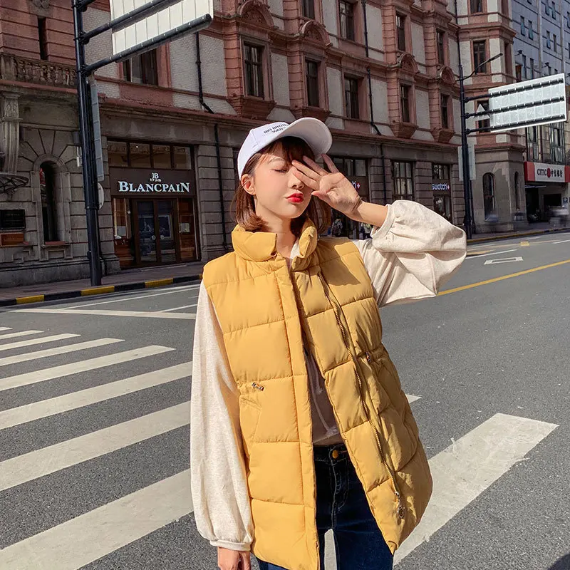 Безрукавка свободный большой размер талия шнурок длинный пуховик жилет женский