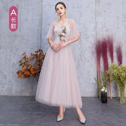 A Pink Long 128 KBS093# серые, розовые вечерние платья для выпускного вечера, новые весенне-летние платья подружки невесты, платье средней длины для сестры, платье для выпускного вечера, короткое - Цвет: A Pink Long 128