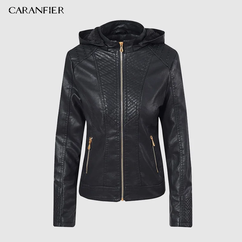 Черный CARANFIER куртка из искусственной кожи женские толстовки зима осень мотоциклетная куртка бренд плюс бархат искусственная кожа куртки S-XL - Цвет: Черный