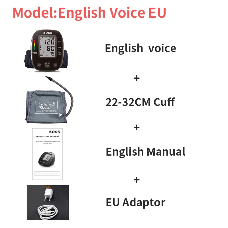 English voice EU ZOSS последние модели английский или Русский Голос немецкий чип lcd верхний монитор артериального давления на руку пульсометр - Цвет: English voice EU