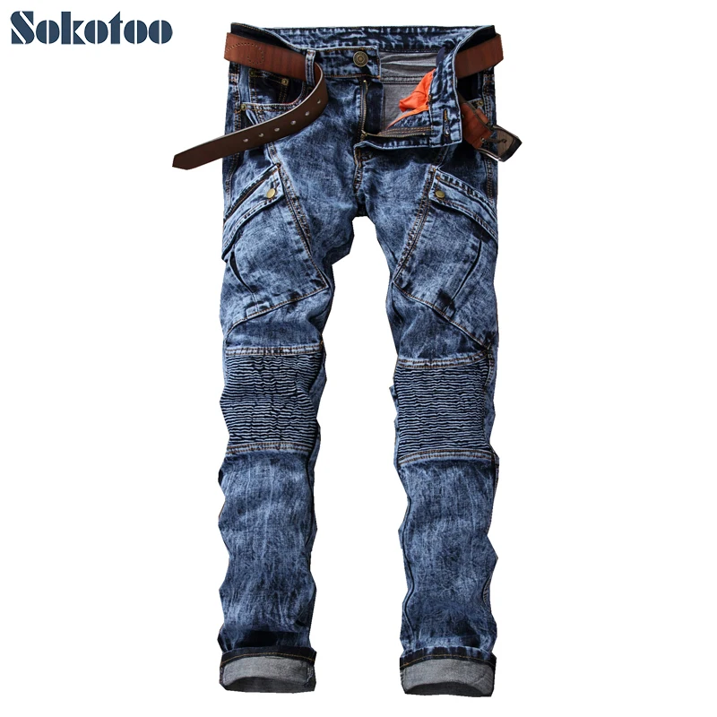 Специальная цена мужские Модные байкерские джинсы с карманами кислотная стирка