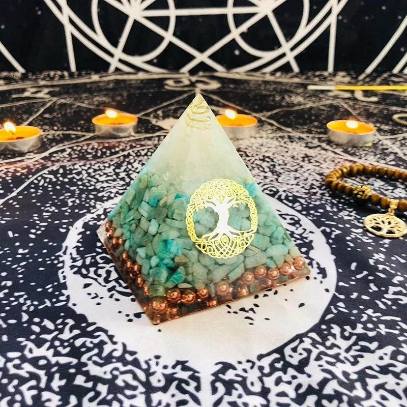 Orgonite Pyramid Raziel Vishuddha Chakra White Crystal Amazonite Resin Jewelry Decoration Faith Creativity Pyramid