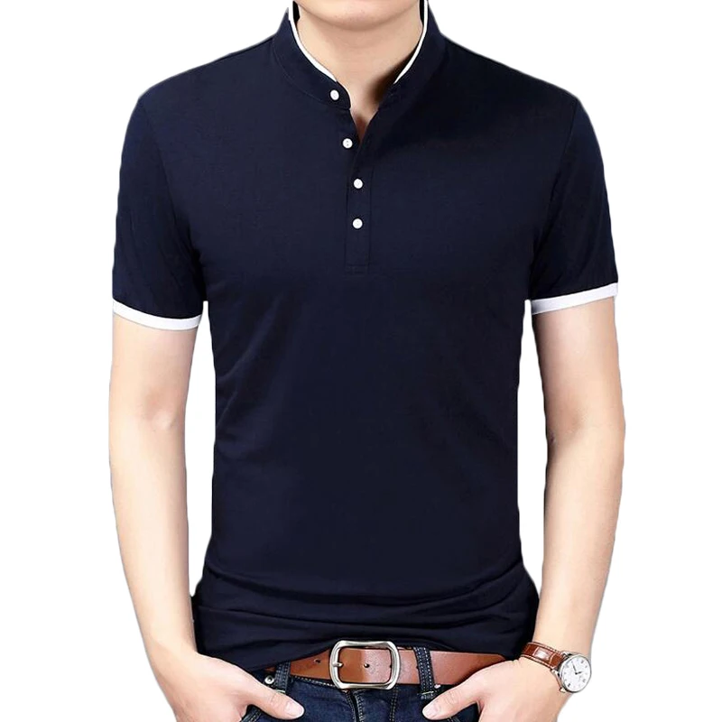 Summer Tshirt Men New Fashion Solid Color Slim Fit Short Sleeve T Shirts Mens Mandarin Collar Casual T-Shirt Brand Clothing | Мужская