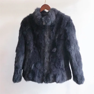 Dark grey zipper Высококачественное пальто из натурального меха, модные меховые пальто из натурального кролика, элегантная женская зимняя верхняя одежда с воротником-стойкой, куртка из кроличьего меха - Цвет: Dark grey zipper