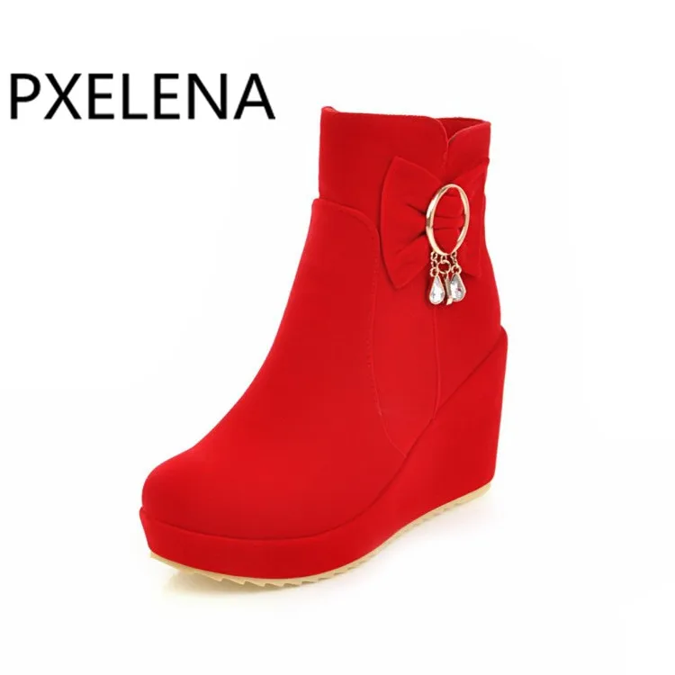Женские свадебные ботинки на платформе PXELENA черные красные высоком каблуке с