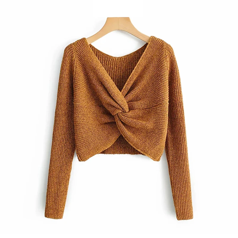 2019 Women Khaki Short Sweater for Ladies Spring-Autumn Fashion Slim Pullovers Chic Girls Street-wear Knitwear Woolen Tops Femme | Женская