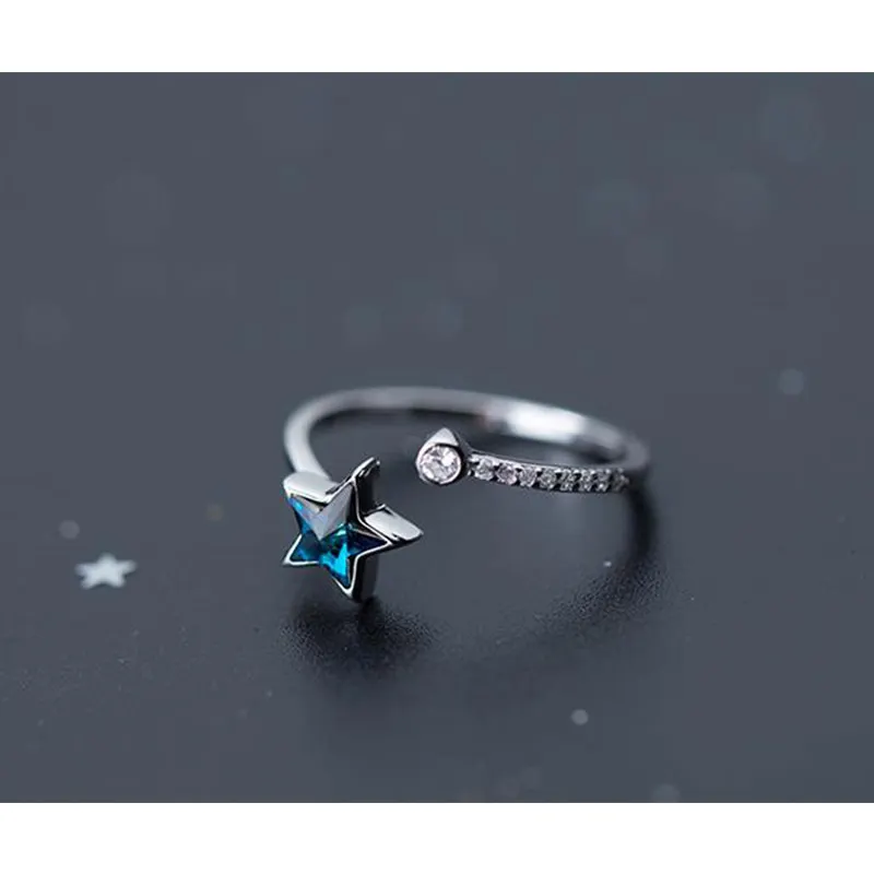 Серебро 925 пробы синий CZ Star открытые, кольца на палец для женщин девочек регулируемое обручальное кольцо Стерлинговое Серебро-ювелирные изделия