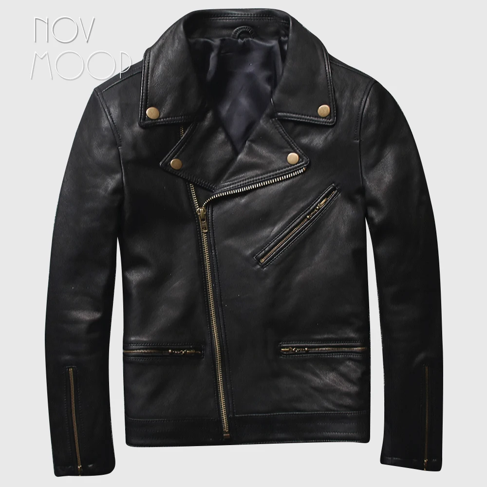 

Men off-center zipper black genuine leather goatskin Motorcycle biker jackets coats plus size jaqueta de couro deri ceket LT2452