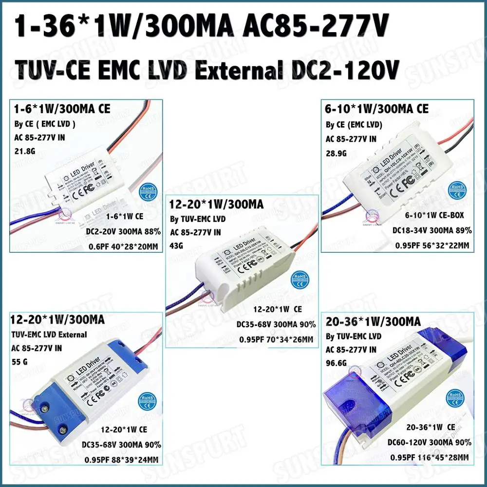 

5-20Pieces TUV-CE EMC LVD PFC External 36W AC85-277V LED Driver 1-36Cx1W 300mA DC2-120V Constant Current LED Lamp Free Shipping
