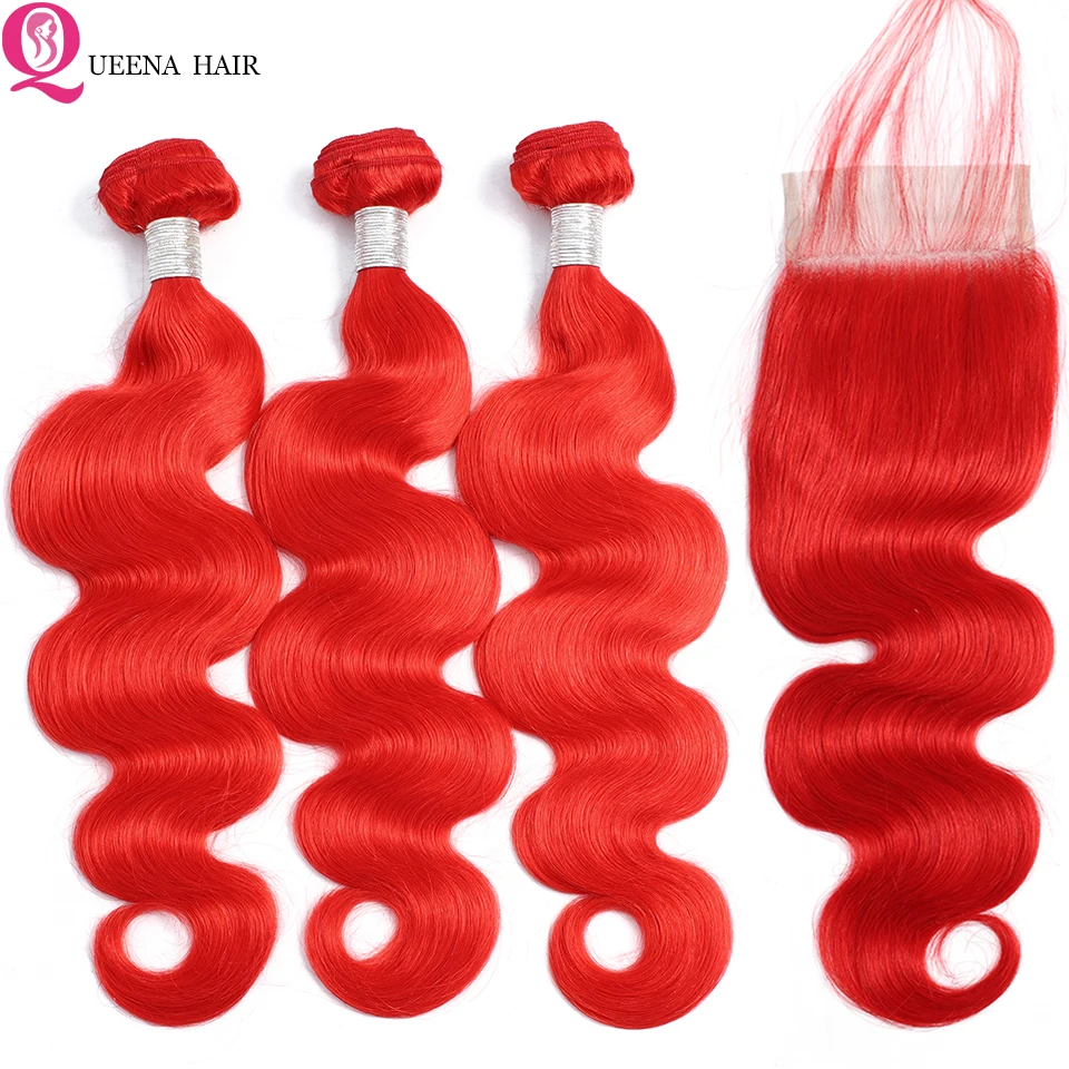 Красный пряди с закрытием кружева Цветной волосы волнистые человеческие