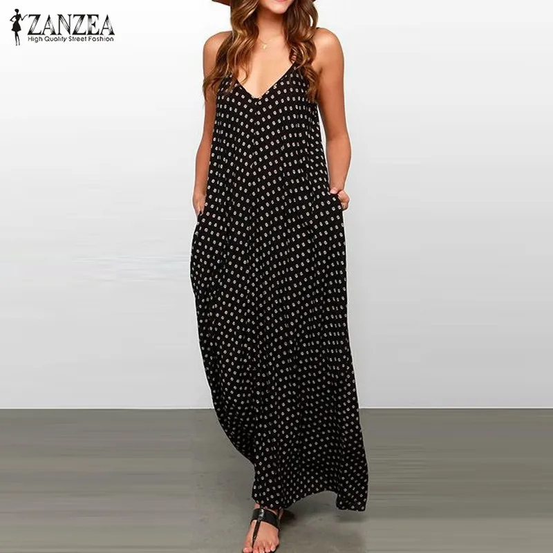 Boho Стиль 2018 Лето Для женщин без бретелек горошек Повседневное свободные длинные