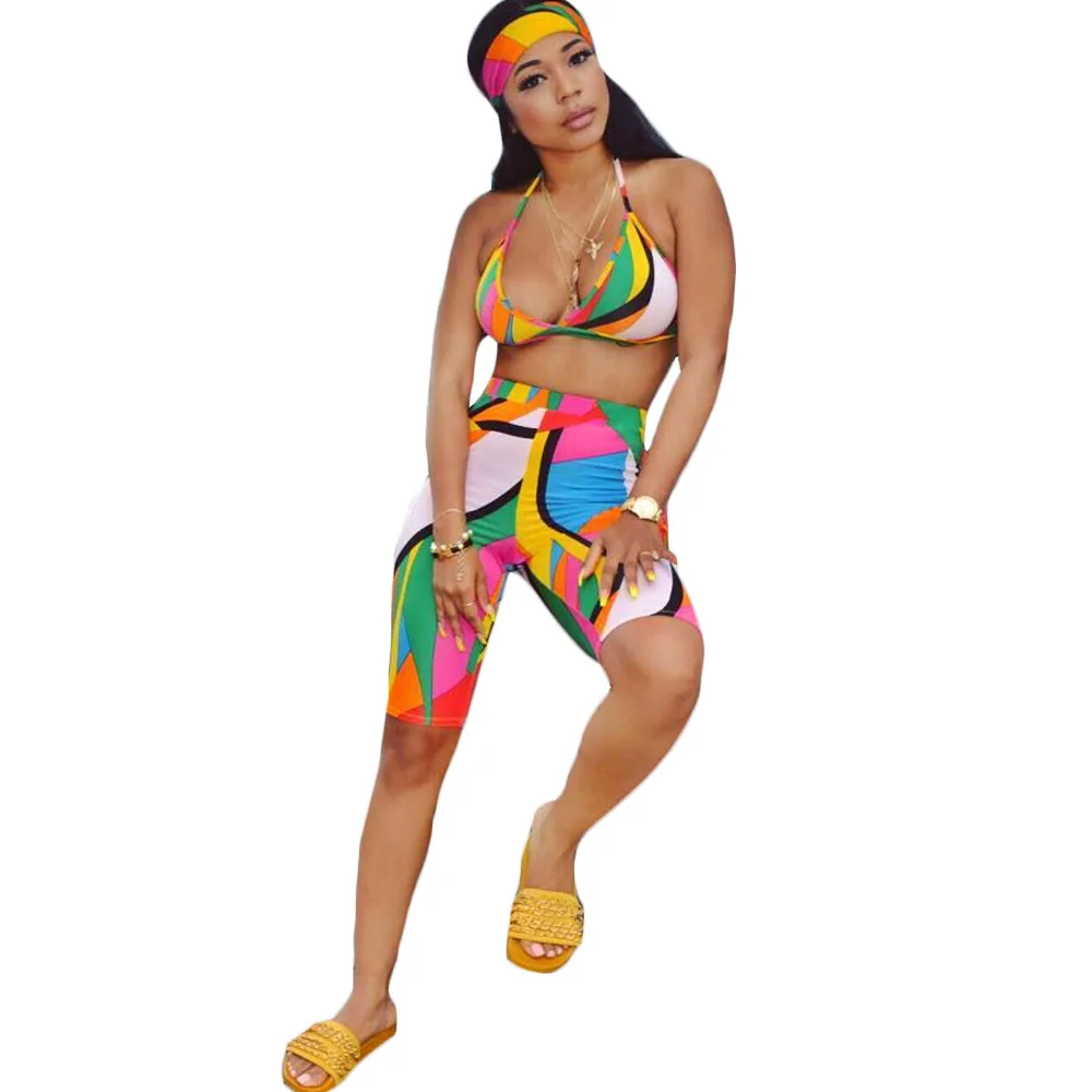 Sexy Rainbow Print Women Yoga Sport Set Fashion Head Scarf+V Neck Sleeveless Strap Top+Bandage Short Summer 3 Piece | Спорт и