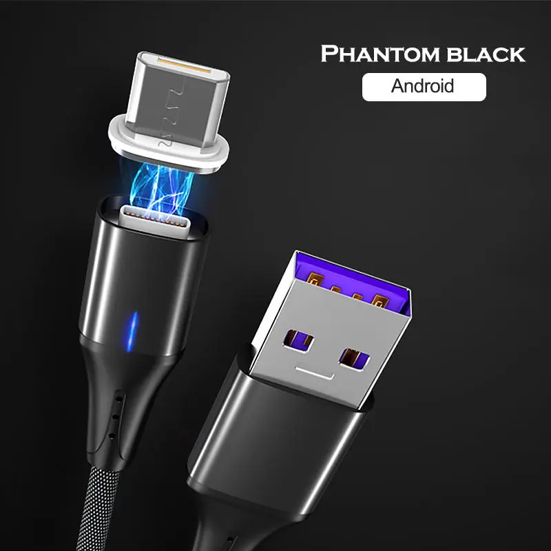 Black For Micro 5A светодиодный магнитный USB супер быстрый зарядный кабель type-C Micro USB кабель для iPhone huawei P9 P10 P20 samsung смартфон шнур для передачи данных - Цвет: Black For Micro