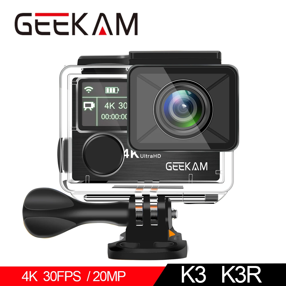 Экшн-камера GEEKAM K3R/K3 Ultra HD 4 K/30fps 20MP WiFi 2," 170D с двойным экраном, водонепроницаемая камера для подводного плавания на шлем, велосипедная спортивная видеокамера