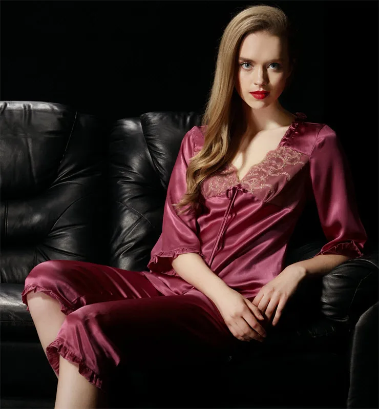 Женский пижамный комплект из двух предметов 100% шелк тутового цвета пижама