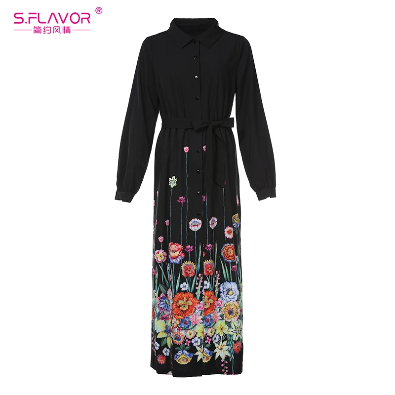 S.FLAVOR Women Autumn winter dress hot sale turn down collor long sleeve Elegant shirt style printing vestidos | Женская одежда
