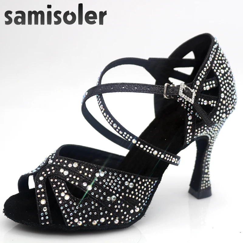 Samisolerlatin Танцы женская обувь zapatos de baile latino mujer Красивая черного цвета из сатина Для