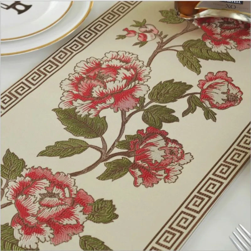 

JUYANG. Chinese classical embroidered table runner. Auspicious red peony wedding decorative tablecloth. Coffee table cover cloth