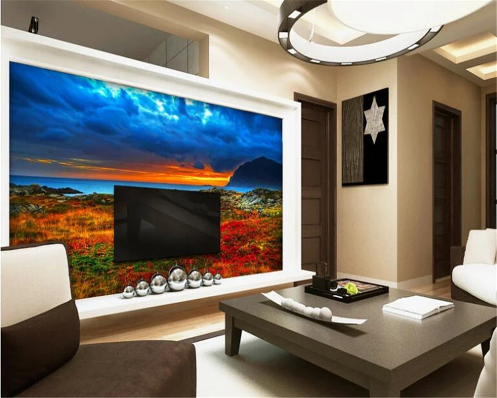 

beibehang Custom high-level decorative painting wall paper seaside oil painting landscape sunset background wall 3d wallpaper