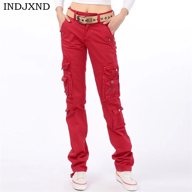 

INDJXND NEW Women High Waist Red Pants Fashion Loose Pockets Pants Womens Streetwear Patchwork Pencil Sweat Pants Bottom Capris