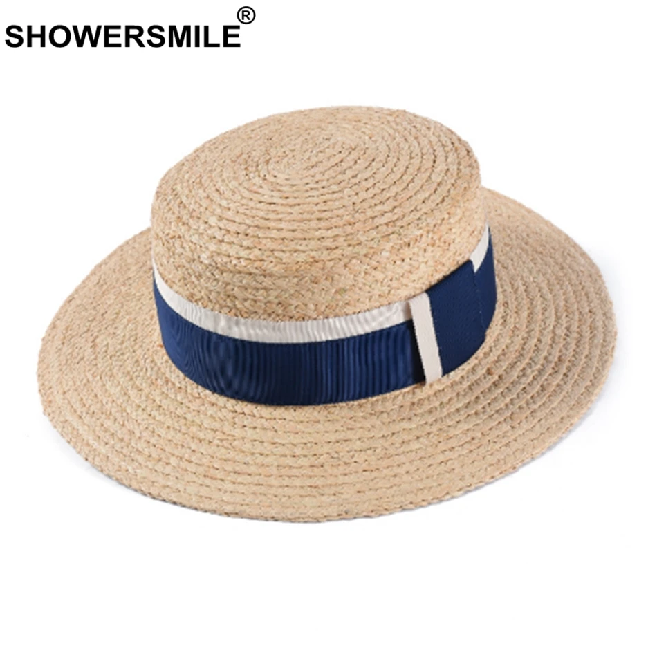 SHOWERSMILE Riffia, соломенная шляпа, женская бежевая Панама, шляпы от солнца, женская модная летняя пляжная УФ-защита, Женская Повседневная Кепка с плоской подошвой