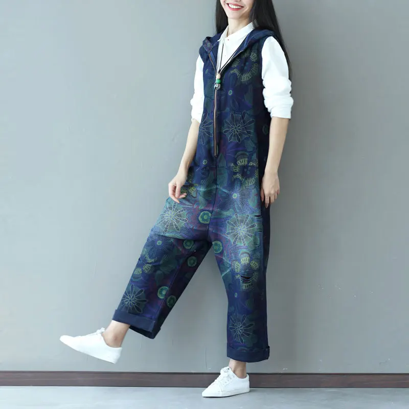 Plus Size Denim Jumpsuit Cotton 2019 Autumn Winter Loose Rompers Womens Casual Print Overalls for Women Jeans Woman New |