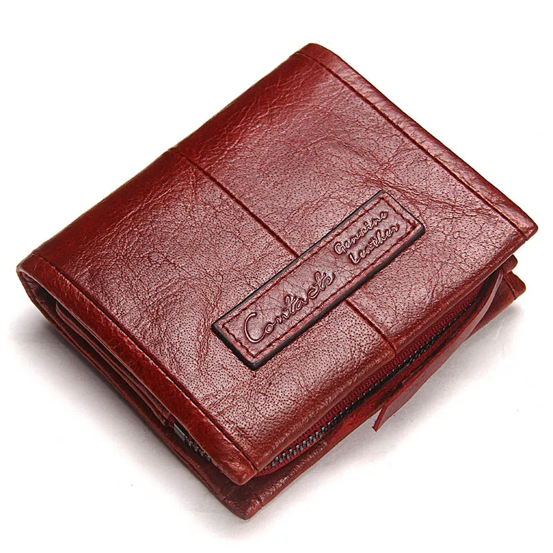 Contact'S Fashion Genuine Leather Women Wallet Small Standard Wallets Coin Bag Brand Design Lady Purse Card Holders Red Brown - Цвет: Красный