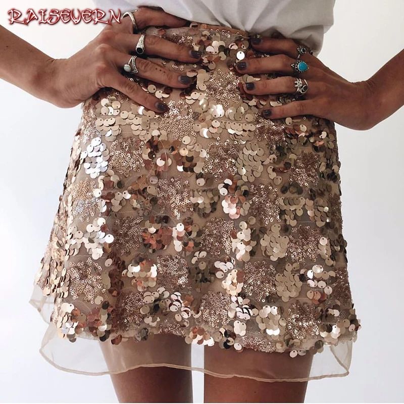

RAISEVERN Women Retro Silver Sequined Short Skirt Vintage Beaded A Line Skirt High Waist Golden Silm Bodycon Runway Mini Skirt
