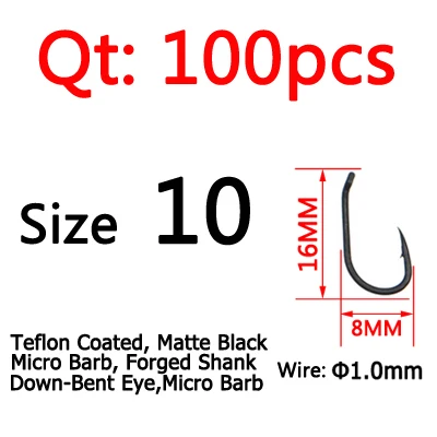 Size 10 100pcs ICERIO 100 шт. матовые черные тефлоновые с покрытием из высокоуглеродистой стали Карп рыболовные крючки Micro Barb Withy бассейн Rig крюк - Цвет: Size 10 100pcs