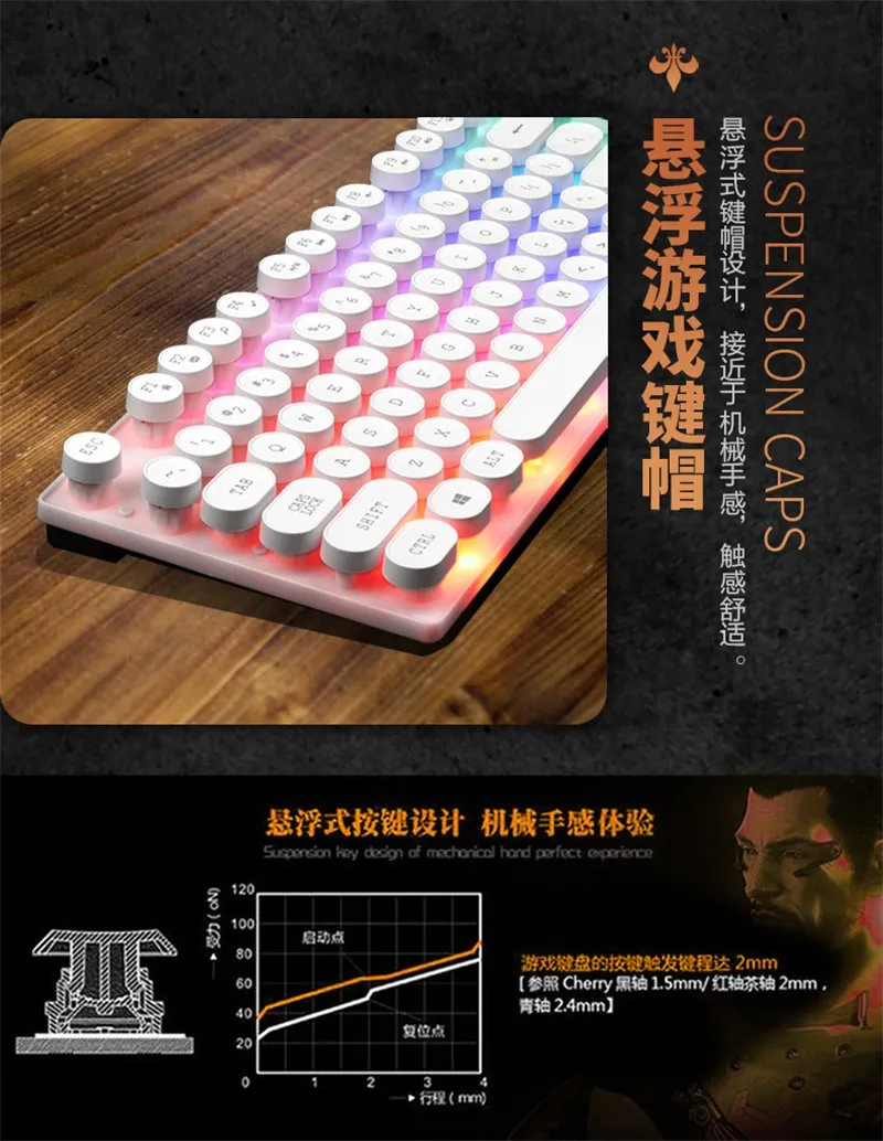 Gaming Keyboard Retro Round Glowing Backlit 3-Color LED USB Wired Waterproof Colorful Gaming woking Keyboard mouse kits