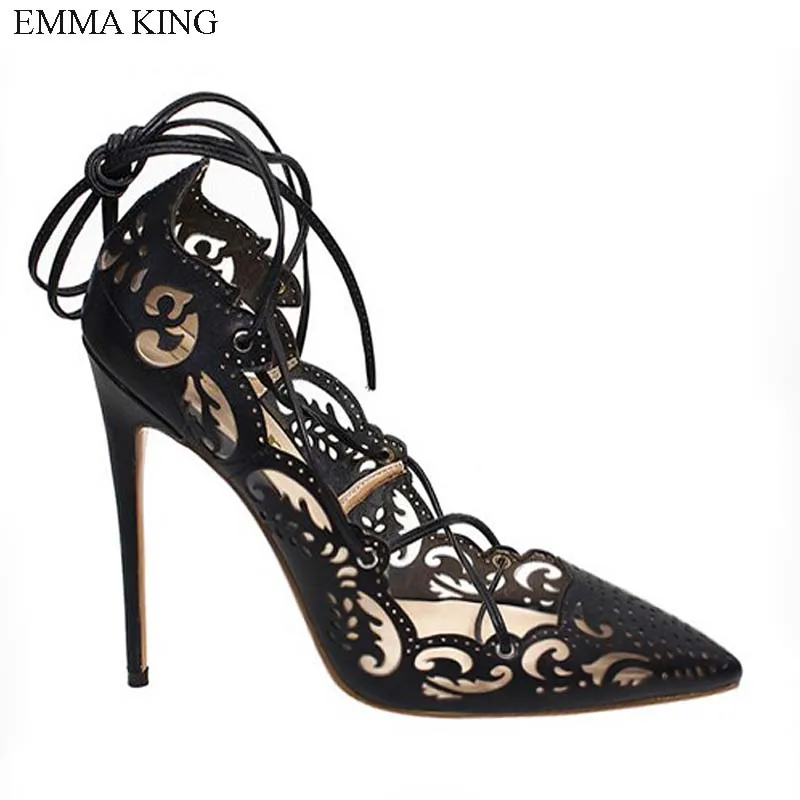 EMMA KING/ г. Модные осенние ажурные туфли на тонком каблуке с острым носком на шнуровке; свадебные туфли-лодочки на высоком каблуке без застежки