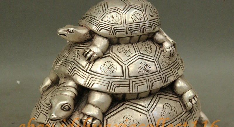 9 Folk Chinese Silver Animals Longevity 3 Dragon Gold Money Turtle XuanWu Statue |