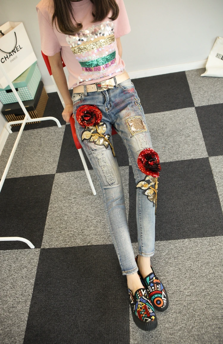 3D розы и блестками джинсы Зауженные женские эластичные узкие брюки для девочек