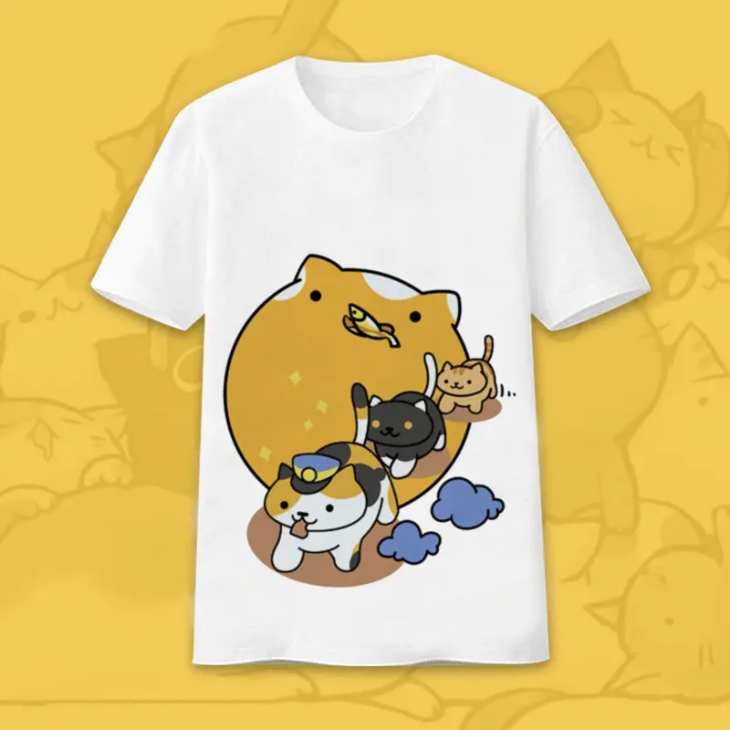 

Japan Game Neko Atsume T Shirt Cute Cat T-shirts Men Women Short Sleeve Tops Casual Fun Summer Tees