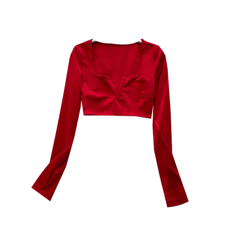 

ALPHALMODA Sexy Deep V-collar Long Sleeve Retro Pure Color Jacket High Waist Slim Sexy Women Spring Crop Tshirts Outfit