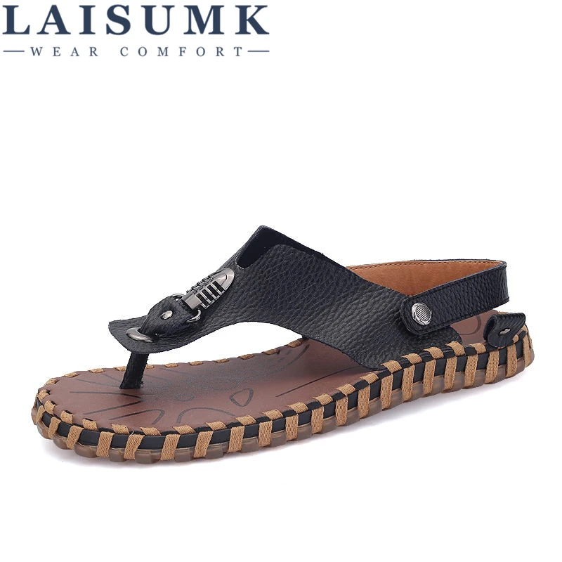 

LAISUMK Top Quality Mens Sandals Leisure Genuine Leather Summer Cool Light Weight Beach Casual Shoes Handmade Stitching
