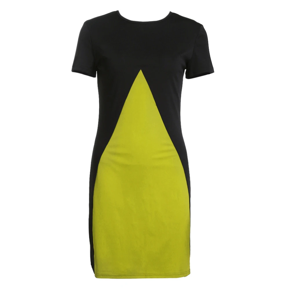 2018 Summer New Fashion Women Dress Short Sleeve Round Neck Patchwork Chic Contrast Color Female Sheath (Yellow) | Женская одежда