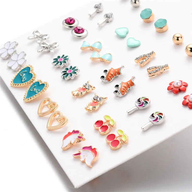 Серьги гвоздики LUXSHINE женские 20 парт/Лот с рисунком совы вишни цветов