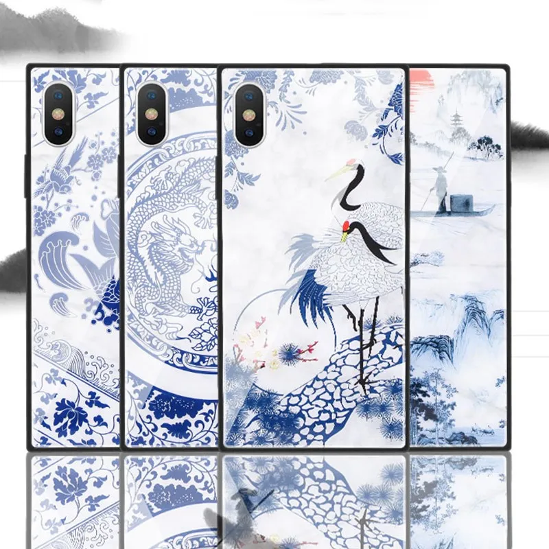 Модное квадратное закаленное стекло чехол для iPhone X 7 8 Plus 6 6S Plus китайский стиль синий и белый фарфор Дракон Феникс Coque