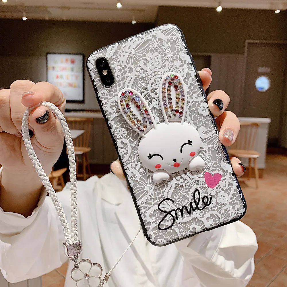 Fashion Lace Flowers Lanyard Phone Case For iPhone 11Pro MAX XR XS Max 8 7 6S Plus 5S Cartoon Rabbit Ear Bracket Back Cover Capa |