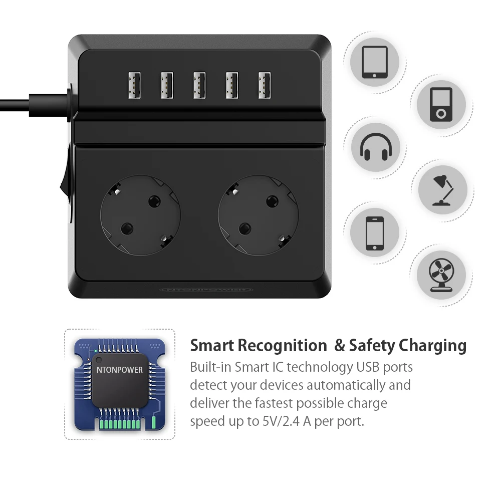 NTON Силовая розетка 2 розетки переменного тока удлинитель 5USB зарядное устройство EU силовая вилка Защита от перенапряжения для Xiaomi iphone домашняя Applianc