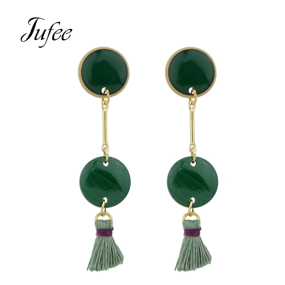 Jufee Этническая Стиль чешские серьги золото Цвет цепи с зеленым камнем круглым